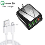 2 em 1 Cabo de Dados USB para 8 Pinos 1m + Carregador Rápido Universal de Viagem 30W QC 3.0 com 4 Interfaces USB para Telemóvel, Tablet, PC, Ficha US, Conjunto 8 Pinos Ficha US