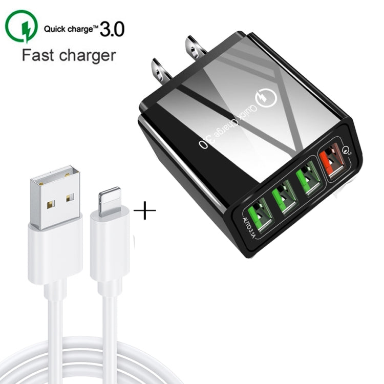 2 em 1 Cabo de Dados USB para 8 Pinos 1m + Carregador Rápido Universal de Viagem 30W QC 3.0 com 4 Interfaces USB para Telemóvel, Tablet, PC, Ficha US, Conjunto 8 Pinos Ficha US