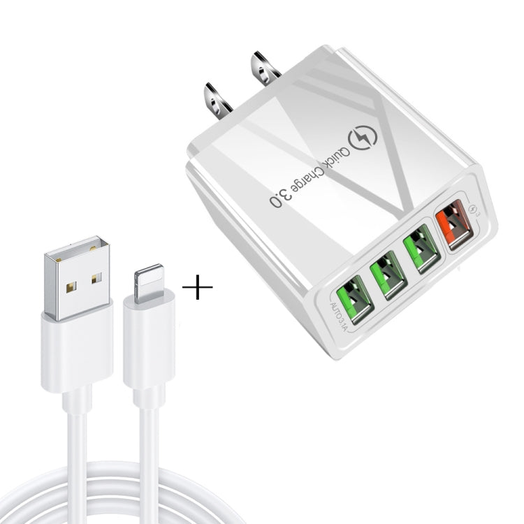 2 em 1 Cabo de Dados USB para 8 Pinos 1m + Carregador Rápido Universal de Viagem 30W QC 3.0 com 4 Interfaces USB para Telemóvel, Tablet, PC, Ficha US, Conjunto 8 Pinos Ficha US