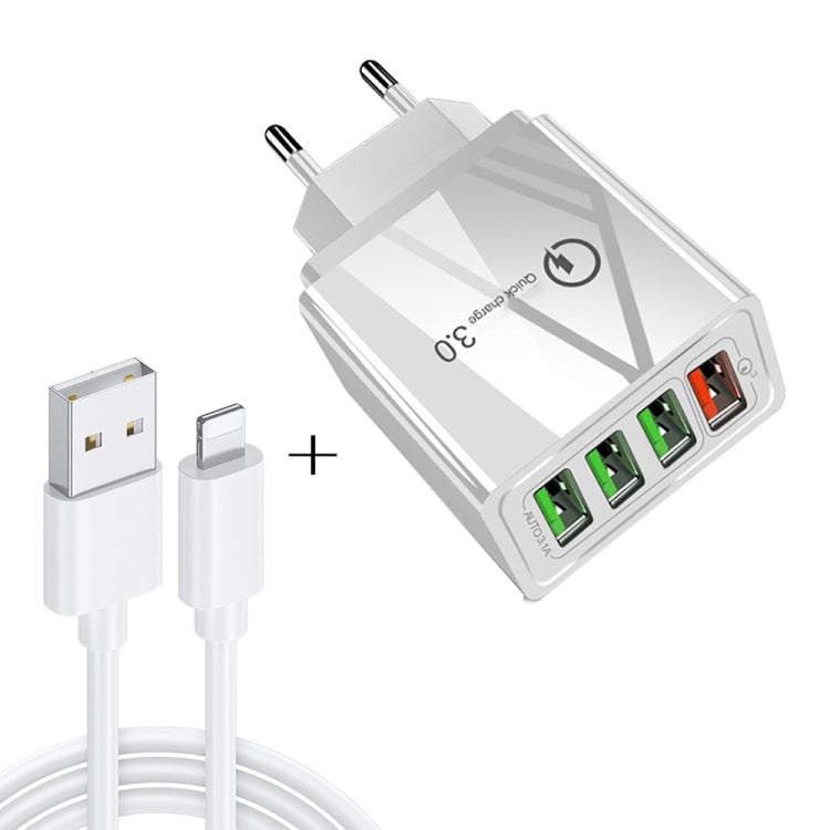 2 em 1 Cabo de Dados USB para 8 Pinos 1m + Carregador Rápido Universal de Viagem 30W QC 3.0 com 4 Interfaces USB para Telemóvel, Tablet, PC, Ficha EU, Conjunto 8 Pinos Ficha EU