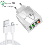 2 em 1 Cabo de Dados USB para 8 Pinos 1m + Carregador Rápido Universal de Viagem 30W QC 3.0 com 4 Interfaces USB para Telemóvel, Tablet, PC, Ficha EU, Conjunto 8 Pinos Ficha EU