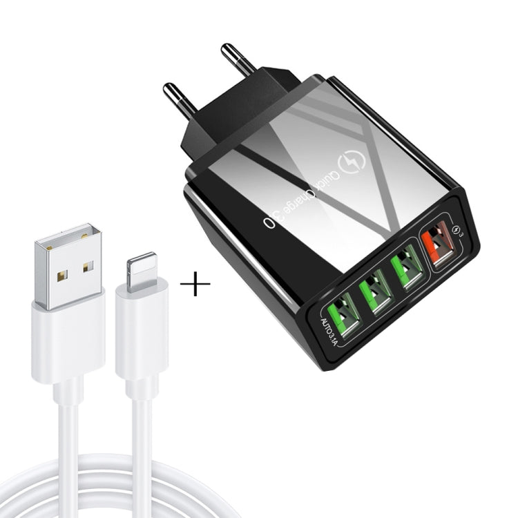2 em 1 Cabo de Dados USB para 8 Pinos 1m + Carregador Rápido Universal de Viagem 30W QC 3.0 com 4 Interfaces USB para Telemóvel, Tablet, PC, Ficha EU, Conjunto 8 Pinos Ficha EU