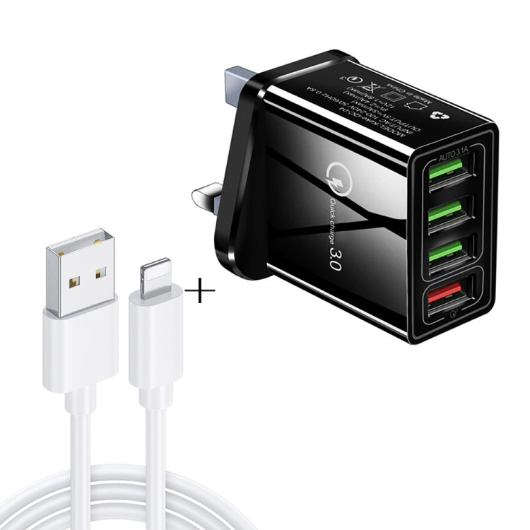 2 em 1 Cabo de Dados USB para 8 Pinos 1m + Carregador Rápido Universal de Viagem 30W QC 3.0 com 4 Interfaces USB para Telemóvel, Tablet, PC, Ficha UK, Conjunto 8 Pinos Ficha UK