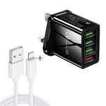 2 em 1 Cabo de Dados USB para 8 Pinos 1m + Carregador Rápido Universal de Viagem 30W QC 3.0 com 4 Interfaces USB para Telemóvel, Tablet, PC, Ficha UK, Conjunto 8 Pinos Ficha UK
