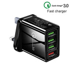 2 em 1 Cabo de Dados USB para 8 Pinos 1m + Carregador Rápido Universal de Viagem 30W QC 3.0 com 4 Interfaces USB para Telemóvel, Tablet, PC, Ficha UK, Conjunto 8 Pinos Ficha UK