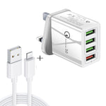 2 em 1 Cabo de Dados USB para 8 Pinos 1m + Carregador Rápido Universal de Viagem 30W QC 3.0 com 4 Interfaces USB para Telemóvel, Tablet, PC, Ficha UK, Conjunto 8 Pinos Ficha UK