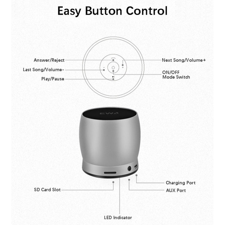 Coluna Bluetooth Mini Portátil EWA A150 Caixa de Som Wireless Hifi Estéreo Graves Fortes Subwoofer Metálico Suporta Cartão Micro SD e AUX 3,5mm