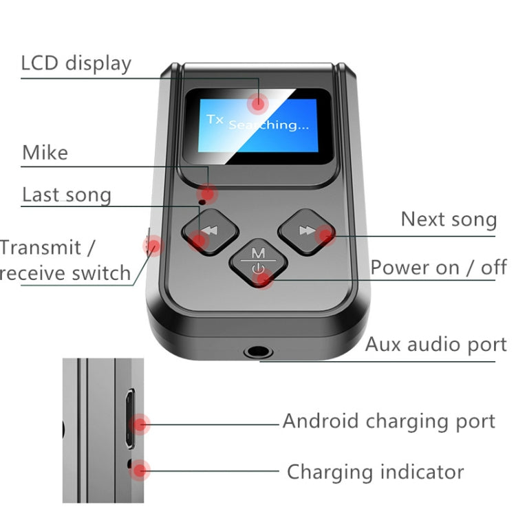 Receptor e transmissor de música Bluetooth 5.0 T15 2 em 1 com ecrã, T15