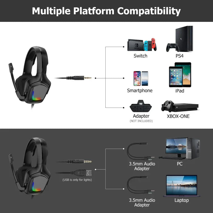 Auscultadores Gaming Estéreo ONIKUMA K20 para PS4 com Microfone/Luz LED para XBox One/Portátil Tablet