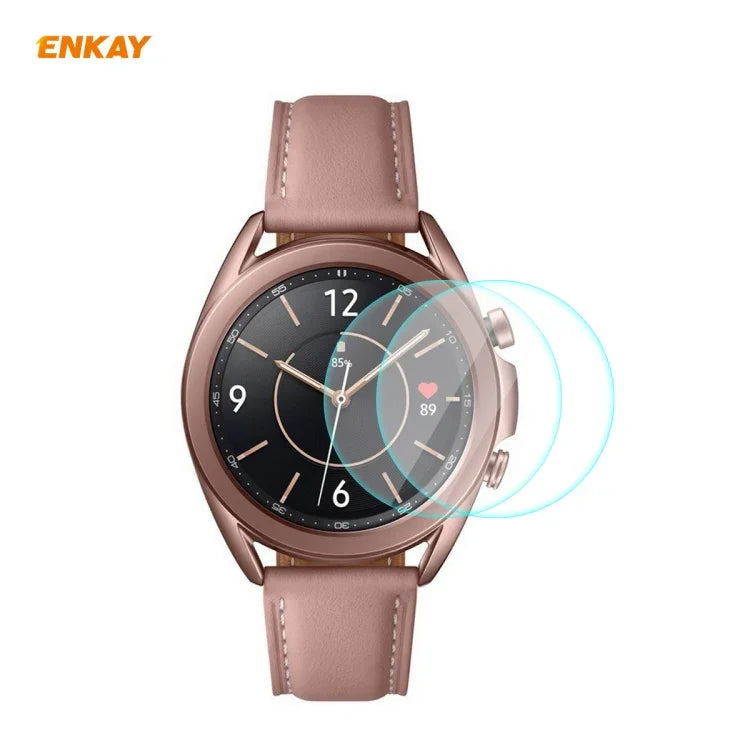 2 UNIDADES Película Protetora de Vidro Temperado ENKAY Hat-Prince 0,2mm 9H 2.15D com Borda Curvada, Para Samsung Galaxy Watch 3 45mm, Para Samsung Galaxy Watch 3 41mm