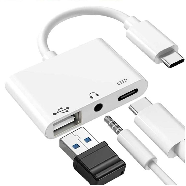 Adaptador USB-C OTG 3 em 1 com Entrada para Auscultadores 3.5mm, Compatível com iPad Pro e Telemóveis com Entrada Type-C, 3 em 1