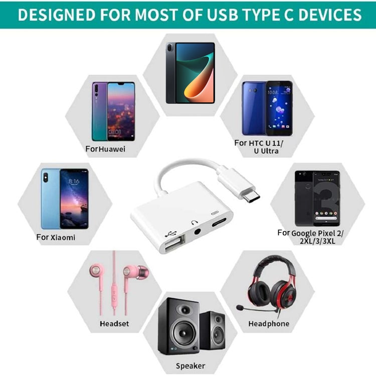 Adaptador USB-C OTG 3 em 1 com Entrada para Auscultadores 3.5mm, Compatível com iPad Pro e Telemóveis com Entrada Type-C, 3 em 1