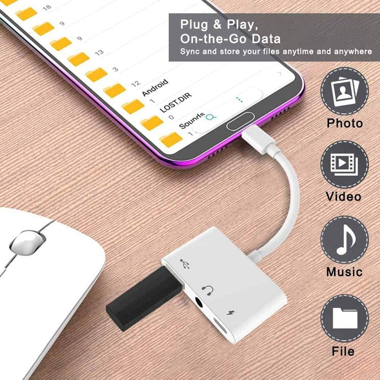 Adaptador USB-C OTG 3 em 1 com Entrada para Auscultadores 3.5mm, Compatível com iPad Pro e Telemóveis com Entrada Type-C, 3 em 1