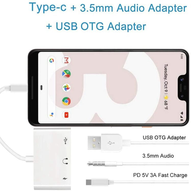 Adaptador USB-C OTG 3 em 1 com Entrada para Auscultadores 3.5mm, Compatível com iPad Pro e Telemóveis com Entrada Type-C, 3 em 1