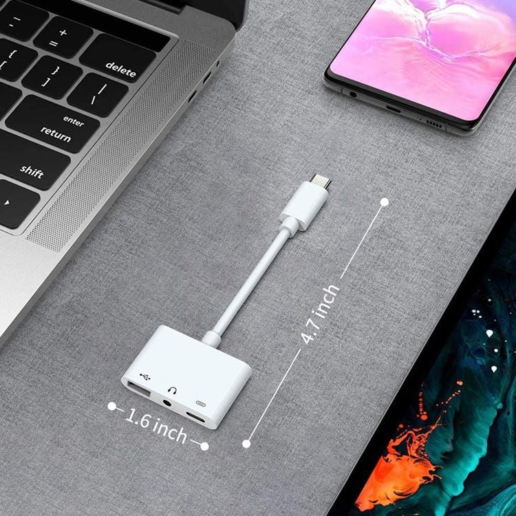 Adaptador USB-C OTG 3 em 1 com Entrada para Auscultadores 3.5mm, Compatível com iPad Pro e Telemóveis com Entrada Type-C, 3 em 1