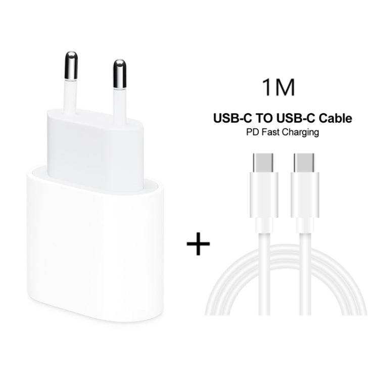 Conjunto 2 em 1: Carregador de Viagem PD 20W com Porta Única USB-C / Type-C + Cabo de Dados de Carregamento Rápido 3A PD3.0 USB-C / Type-C para USB-C / Type-C, Comprimento do Cabo: 1m, Ficha EU, 20W 1m