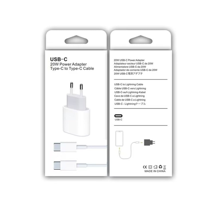 Conjunto 2 em 1: Carregador de Viagem PD 20W com Porta Única USB-C / Type-C + Cabo de Dados de Carregamento Rápido 3A PD3.0 USB-C / Type-C para USB-C / Type-C, Comprimento do Cabo: 1m, Ficha EU, 20W 1m