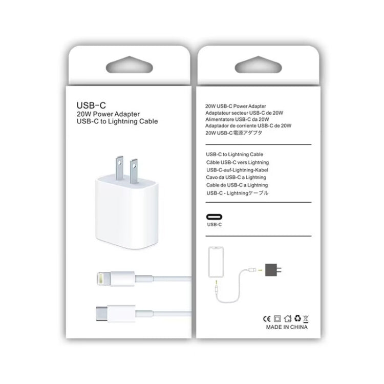 Conjunto 2 em 1: Carregador de Viagem PD 20W com Porta Única USB-C / Type-C + Cabo de Dados de Carregamento Rápido 3A PD3.0 USB-C / Type-C para 8 Pinos, Comprimento do Cabo: 1m, Ficha US, 20W 1m