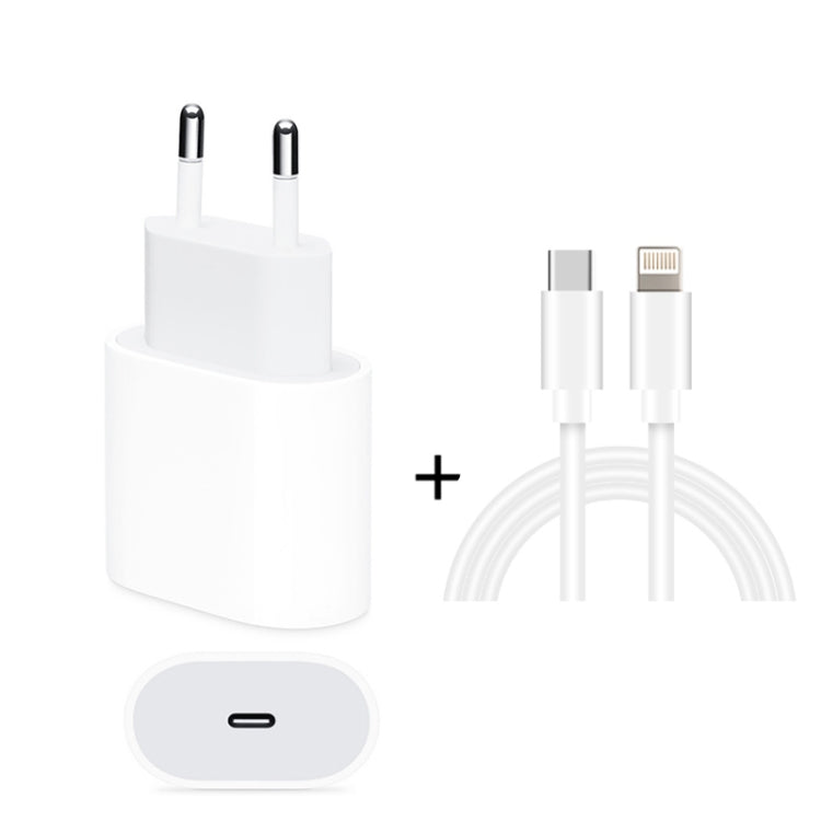 Conjunto 2 em 1: Carregador de Viagem PD 20W com Porta Única USB-C / Type-C + Cabo de Dados de Carregamento Rápido 3A PD3.0 USB-C / Type-C para 8 Pinos, Comprimento do Cabo: 1m, Ficha EU, 20W 1m