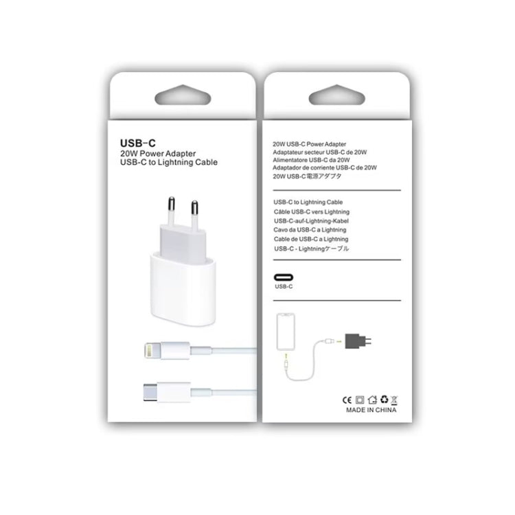 Conjunto 2 em 1: Carregador de Viagem PD 20W com Porta Única USB-C / Type-C + Cabo de Dados de Carregamento Rápido 3A PD3.0 USB-C / Type-C para 8 Pinos, Comprimento do Cabo: 1m, Ficha EU, 20W 1m