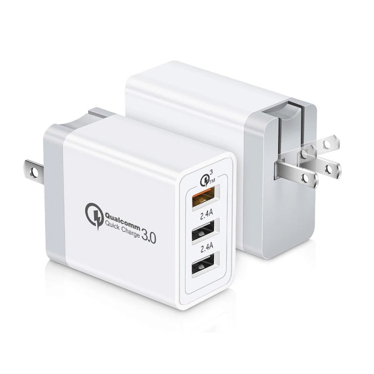 Carregador Rápido Universal SDC-30W 30W QC 3.0 USB + 2 Portas USB 2.0 2.4A para Telemóvel, Tablet e PC, Carregador de Viagem, Ficha US