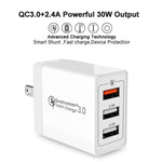 Carregador Rápido Universal SDC-30W 30W QC 3.0 USB + 2 Portas USB 2.0 2.4A para Telemóvel, Tablet e PC, Carregador de Viagem, Ficha US