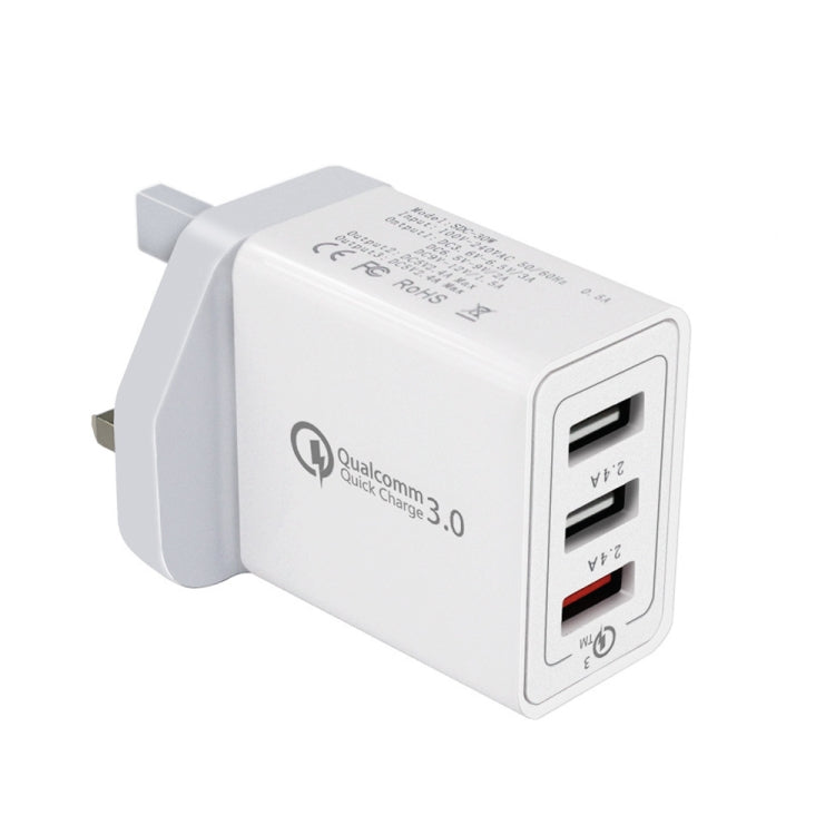 Carregador Rápido Universal SDC-30W 30W QC 3.0 USB + 2 Portas USB 2.0 2.4A para Telemóvel, Tablet e PC, Carregador de Viagem, Ficha UK