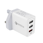 Carregador Rápido Universal SDC-30W 30W QC 3.0 USB + 2 Portas USB 2.0 2.4A para Telemóvel, Tablet e PC, Carregador de Viagem, Ficha UK