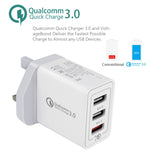 Carregador Rápido Universal SDC-30W 30W QC 3.0 USB + 2 Portas USB 2.0 2.4A para Telemóvel, Tablet e PC, Carregador de Viagem, Ficha UK