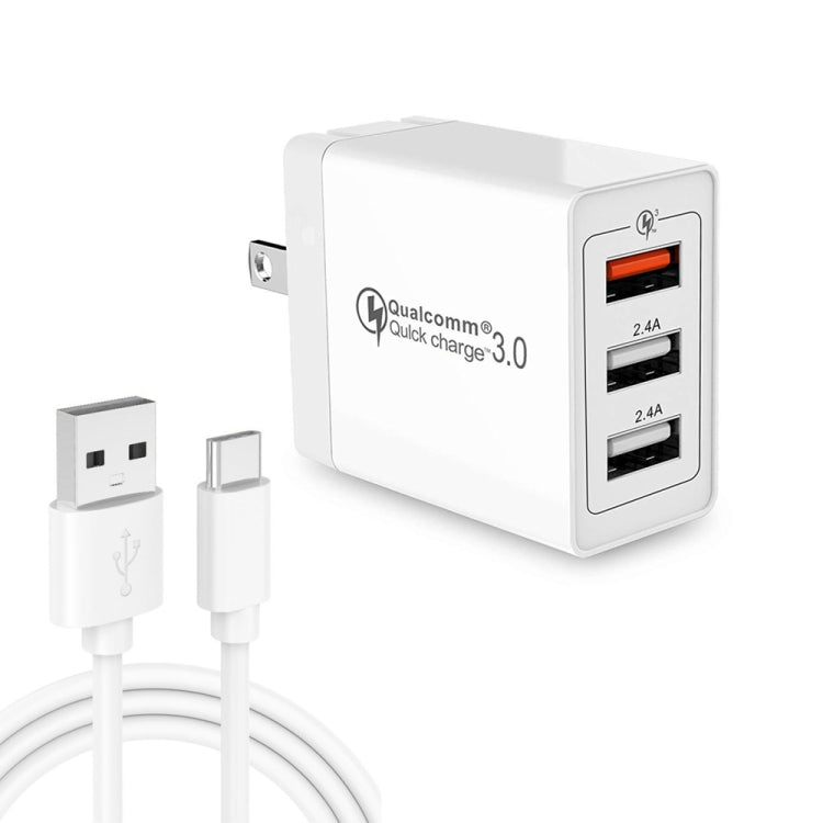 SDC-30W Cabo de Dados 2 em 1 USB para USB-C / Tipo-C + Carregador Rápido Universal 30W QC 3.0 USB + 2 Portas USB 2.0 2.4A para Telemóvel, Tablet, PC, Conjunto de Carregador de Viagem, Ficha EUA, com Cabo USB-C / Tipo-C, Ficha EUA