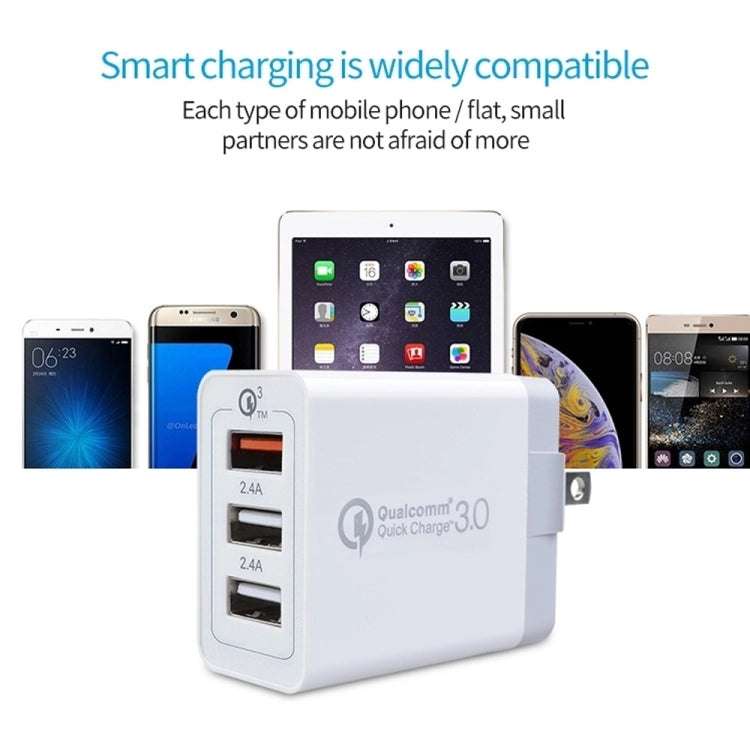 SDC-30W Cabo de Dados 2 em 1 USB para USB-C / Tipo-C + Carregador Rápido Universal 30W QC 3.0 USB + 2 Portas USB 2.0 2.4A para Telemóvel, Tablet, PC, Conjunto de Carregador de Viagem, Ficha EUA, com Cabo USB-C / Tipo-C, Ficha EUA