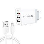 SDC-30W Cabo de Dados 2 em 1 USB para USB-C / Tipo-C + Carregador Rápido Universal 30W QC 3.0 USB + 2 Portas USB 2.0 2.4A para Telemóvel, Tablet, PC, Conjunto de Carregador de Viagem, Ficha UE, com Cabo USB-C / Tipo-C, Ficha UE