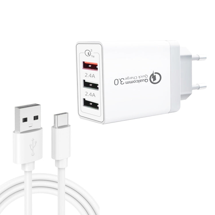 SDC-30W Cabo de Dados 2 em 1 USB para USB-C / Tipo-C + Carregador Rápido Universal 30W QC 3.0 USB + 2 Portas USB 2.0 2.4A para Telemóvel, Tablet, PC, Conjunto de Carregador de Viagem, Ficha UE, com Cabo USB-C / Tipo-C, Ficha UE