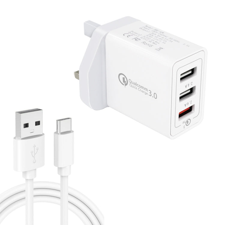SDC-30W Cabo de Dados 2 em 1 USB para USB-C / Tipo-C + Carregador Rápido Universal 30W QC 3.0 USB + 2 Portas USB 2.0 2.4A para Telemóvel, Tablet, PC, Conjunto de Carregador de Viagem, Ficha Reino Unido, com Cabo USB-C / Tipo-C, Ficha Reino Unido