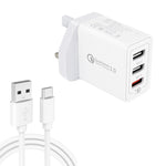 SDC-30W Cabo de Dados 2 em 1 USB para USB-C / Tipo-C + Carregador Rápido Universal 30W QC 3.0 USB + 2 Portas USB 2.0 2.4A para Telemóvel, Tablet, PC, Conjunto de Carregador de Viagem, Ficha Reino Unido, com Cabo USB-C / Tipo-C, Ficha Reino Unido