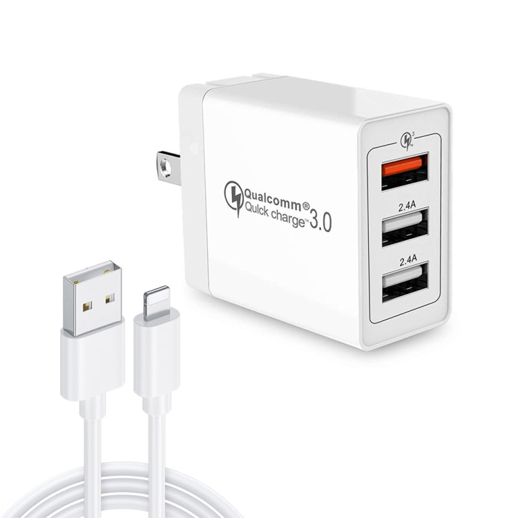 Conjunto de Carregador Rápido Universal para Telemóvel e Tablet SDC-30W 2 em 1 Cabo de Dados USB para 8 Pinos + 30W QC 3.0 USB + 2.4A Portas USB 2.0 Duplas, Plugue US, com Cabo de 8 Pinos, Plugue US