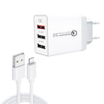 SDC-30W Cabo de Dados 2 em 1 USB para 8 Pinos + Carregador Rápido Universal 30W QC 3.0 USB + 2 Portas USB 2.0 2.4A para Telemóvel, Tablet, PC, Conjunto de Carregador de Viagem, Ficha EU, com Cabo de 8 Pinos, Ficha EU