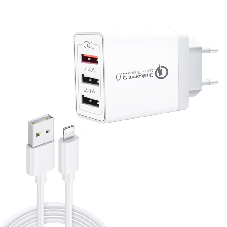 SDC-30W Cabo de Dados 2 em 1 USB para 8 Pinos + Carregador Rápido Universal 30W QC 3.0 USB + 2 Portas USB 2.0 2.4A para Telemóvel, Tablet, PC, Conjunto de Carregador de Viagem, Ficha EU, com Cabo de 8 Pinos, Ficha EU