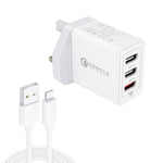 SDC-30W Cabo de Dados 2 em 1 USB para 8 Pinos + Carregador Rápido 30W QC 3.0 USB + 2 Portas USB 2.0 2.4A para Telemóvel Tablet PC Universal, Carregador de Viagem, Ficha UK, com Cabo de 8 Pinos, Ficha UK