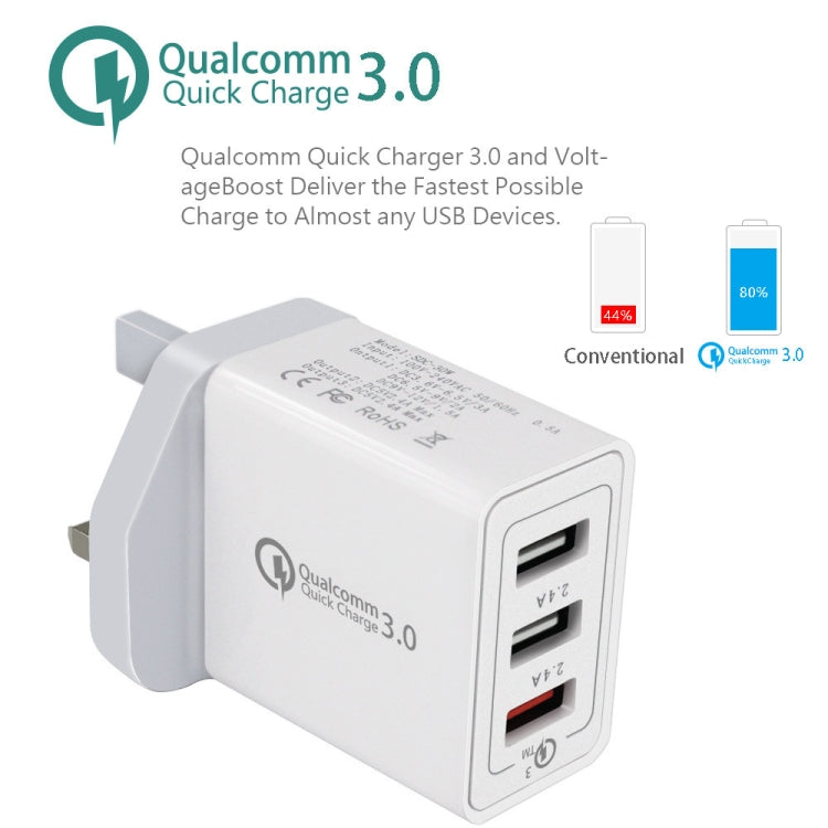 SDC-30W Cabo de Dados 2 em 1 USB para 8 Pinos + Carregador Rápido 30W QC 3.0 USB + 2 Portas USB 2.0 2.4A para Telemóvel Tablet PC Universal, Carregador de Viagem, Ficha UK, com Cabo de 8 Pinos, Ficha UK