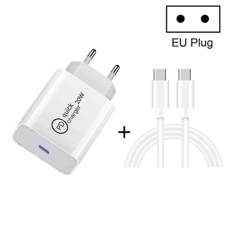 Carregador de viagem SDC-20W 2 em 1 PD 20W USB-C / Type-C + cabo de dados de carregamento rápido USB-C / Type-C para USB-C / Type-C 3A PD 3.0, comprimento do cabo: 1m, ficha US, ficha UE, ficha UK