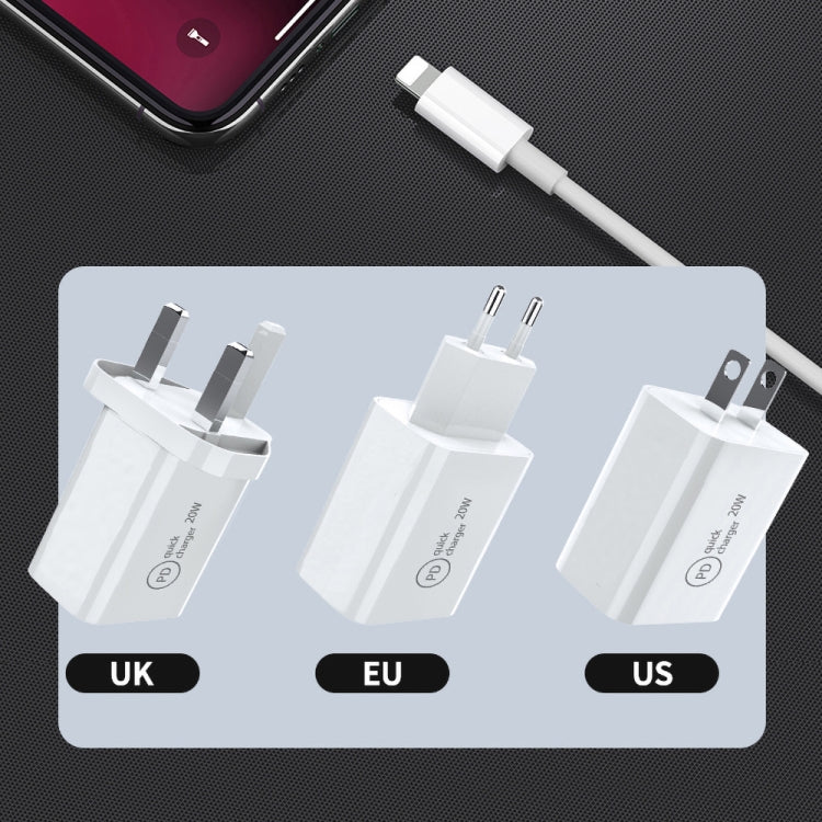 SDC-20W Carregador de Viagem 2 em 1 PD 20W USB-C / Type-C + Cabo de Dados de Carga Rápida 3A PD3.0 USB-C / Type-C para 8 Pinos, Comprimento do Cabo: 1m, Plugue US, Plugue EU, Plugue UK