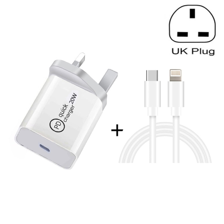 SDC-20W Carregador de Viagem 2 em 1 PD 20W USB-C / Type-C + Cabo de Dados de Carga Rápida 3A PD3.0 USB-C / Type-C para 8 Pinos, Comprimento do Cabo: 1m, Plugue US, Plugue EU, Plugue UK