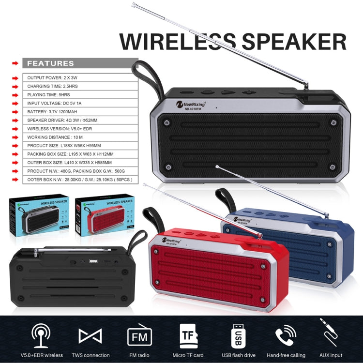 Coluna Bluetooth Estéreo Portátil TWS NewRixing NR4018FM Suporta Cartão TF / FM / AUX 3,5mm / U Disk / Chamadas Mãos Livres