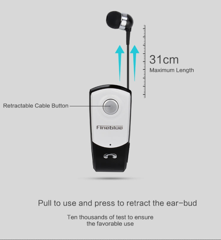 Auricular Bluetooth Antifurto com Cabo Retrátil F960 CSR4.1, Lembrete de Vibração de Chamadas, Preto, Branco, Prateado