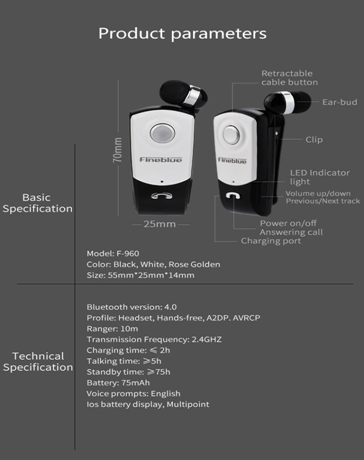 Auricular Bluetooth Antifurto com Cabo Retrátil F960 CSR4.1, Lembrete de Vibração de Chamadas, Preto, Branco, Prateado