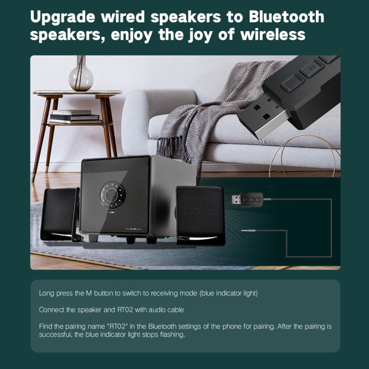 RT02 Adaptador de áudio USB Bluetooth Recebe e transmite Bluetooth 5.0 dois em um Conversa mãos-livres Receptor Bluetooth para carro