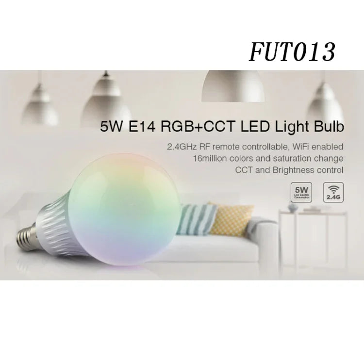 FUT013 Lâmpada LED 5W E14 RGB + CCT AC100~240v 2.4g WiFi Controlo Remoto Dimerizável