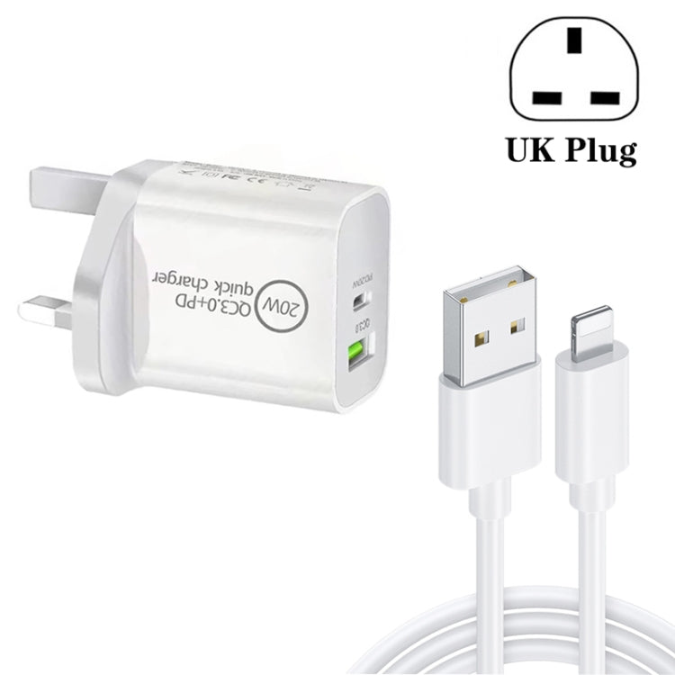 Carregador Universal de Viagem de Dupla Carga Rápida USB SDC-20WA+C 20W PD 3.0 + QC 3.0 com Cabo de Dados de Carga Rápida Micro USB para 8 Pinos, Ficha Reino Unido, USB para 8 Pinos (Ficha Reino Unido)