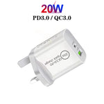 Carregador Universal de Viagem de Dupla Carga Rápida USB SDC-20WA+C 20W PD 3.0 + QC 3.0 com Cabo de Dados de Carga Rápida Micro USB para 8 Pinos, Ficha Reino Unido, USB para 8 Pinos (Ficha Reino Unido)
